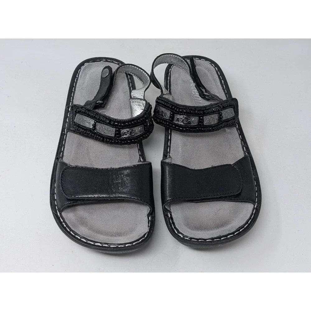 Alegria Verona Wedge Sandal Women Size 38 Black Leather Beaded‎ Metallic 8 8.5 - Picture 2 of 6